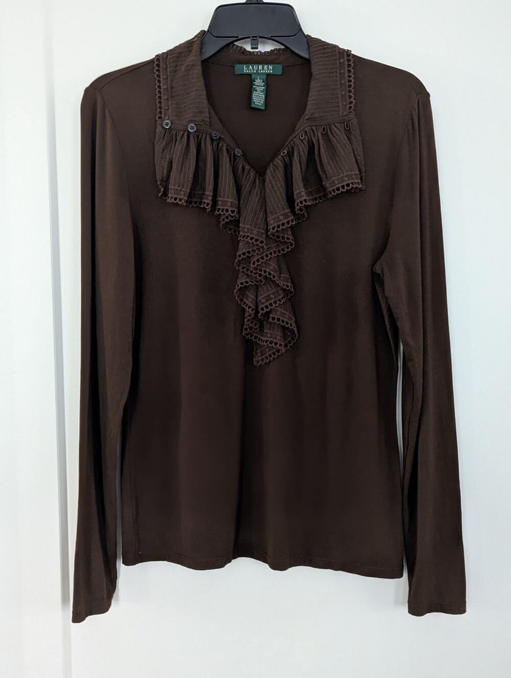 Lauren Ralph Lauren Women L Brown Ruffle Collar Blouse Knit Top Y2K Goth